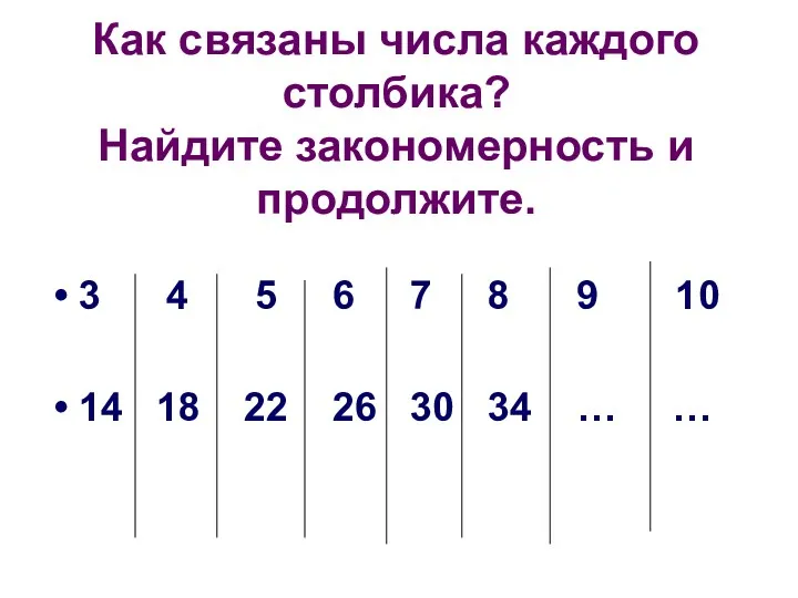 Как связаны числа каждого столбика? Найдите закономерность и продолжите. 3