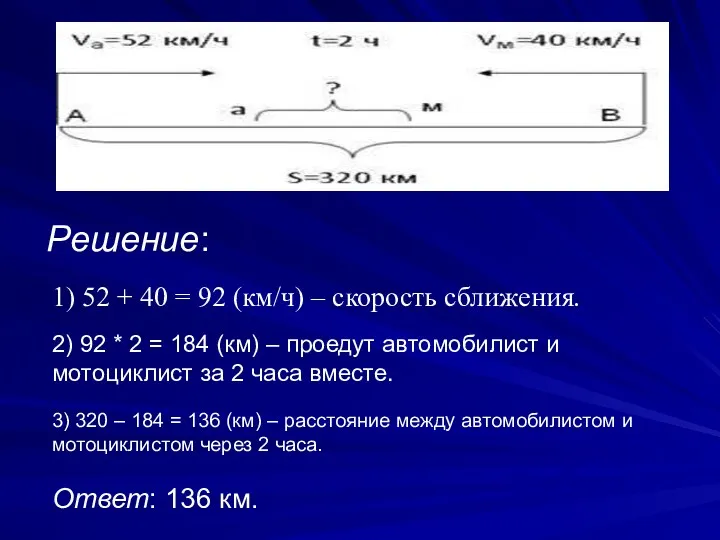 Решение: 1) 52 + 40 = 92 (км/ч) – скорость сближения. 2) 92