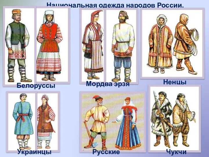 Национальная одежда народов России. Белоруссы Мордва эрзя Ненцы Украинцы Чукчи Русские