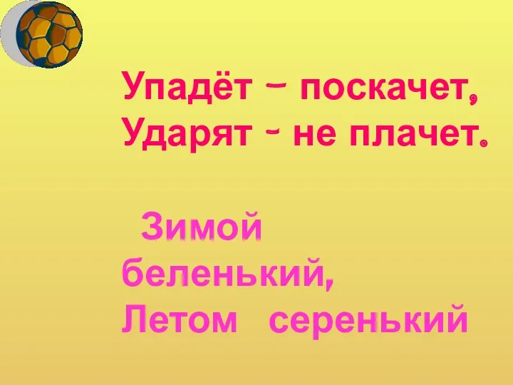 Упадёт - поскачет, Ударят – не плачет. Зимой беленький, Летом серенький