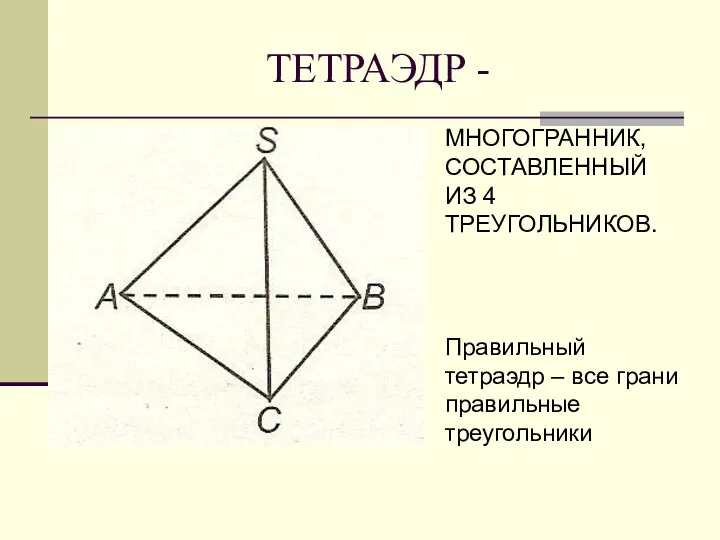ТЕТРАЭДР - МНОГОГРАННИК, СОСТАВЛЕННЫЙ ИЗ 4 ТРЕУГОЛЬНИКОВ. Правильный тетраэдр – все грани правильные треугольники
