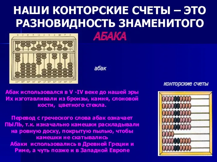 НАШИ КОНТОРСКИЕ СЧЕТЫ – ЭТО РАЗНОВИДНОСТЬ ЗНАМЕНИТОГО АБАКА абак конторские