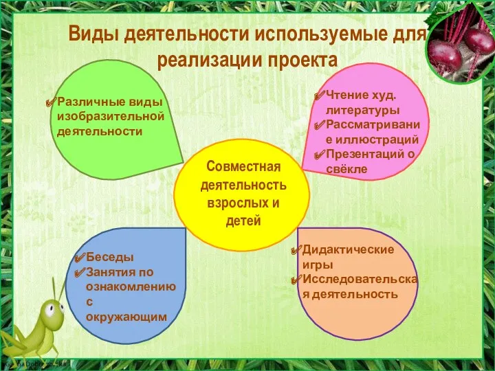 Виды деятельности используемые для реализации проекта Совместная деятельность взрослых и