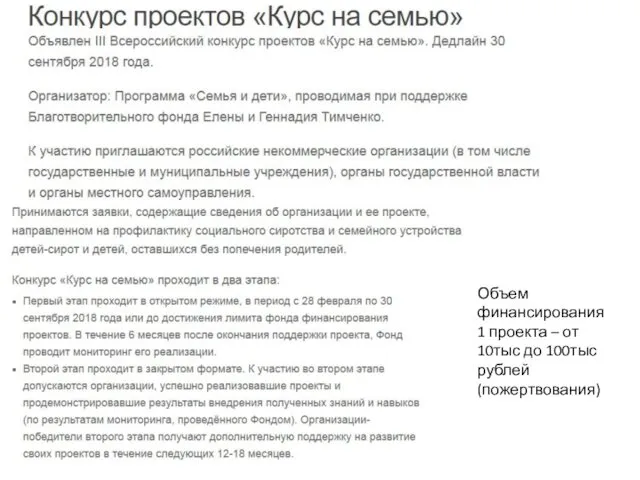 Объем финансирования 1 проекта – от 10тыс до 100тыс рублей (пожертвования)