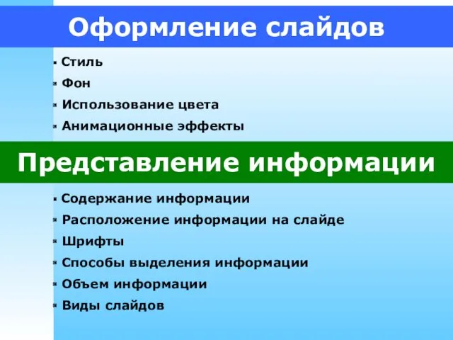 Оформление слайдов Стиль Фон Использование цвета Анимационные эффекты Представление информации