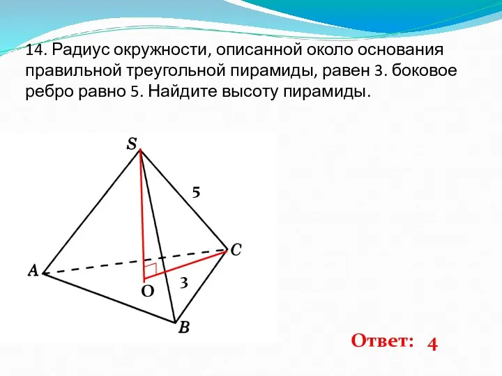 14. Радиус окружности, описанной около основания правильной треугольной пирамиды, равен