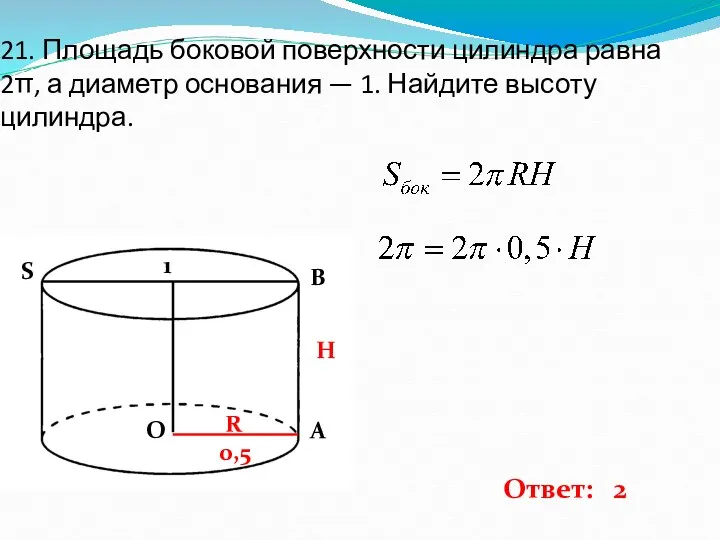 21. Площадь боковой поверхности цилиндра равна 2π, а диаметр основания — 1. Найдите