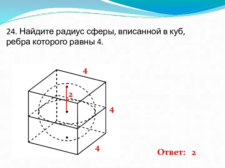 24. Найдите радиус сферы, вписанной в куб, ребра которого равны 4. 4 4