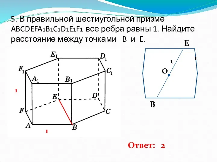 5. В правильной шестиугольной призме ABCDEFA1B1C1D1E1F1 все ребра равны 1.