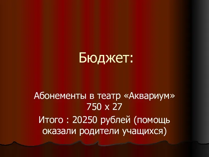 Бюджет: Абонементы в театр «Аквариум» 750 х 27 Итого : 20250 рублей (помощь оказали родители учащихся)