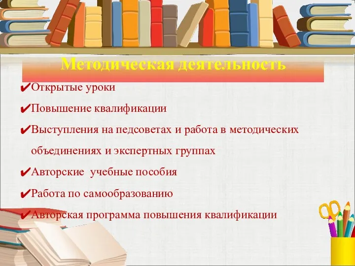 Методическая деятельность Открытые уроки Повышение квалификации Выступления на педсоветах и