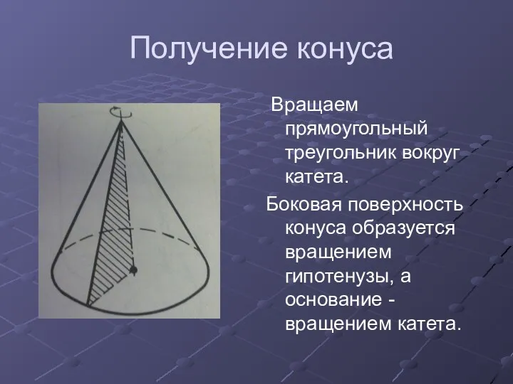 Получение конуса Вращаем прямоугольный треугольник вокруг катета. Боковая поверхность конуса