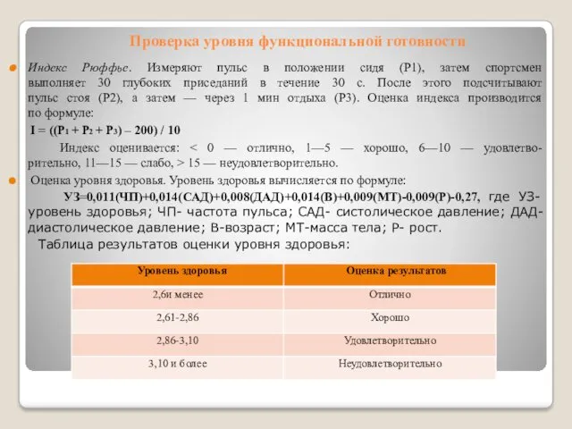 Проверка уровня функциональной готовности Индекс Рюффье. Измеряют пульс в положении