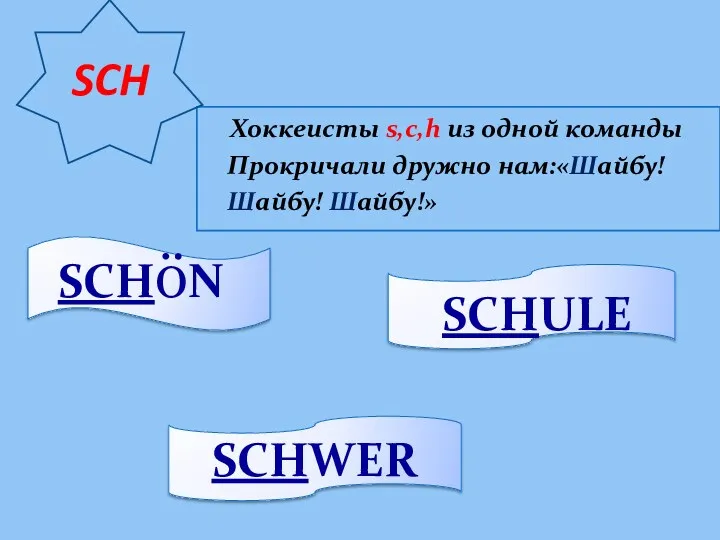 SCH Хоккеисты s,c,h из одной команды Прокричали дружно нам:«Шайбу! Шайбу! Шайбу!» SCHWER SCHULE SCHöN