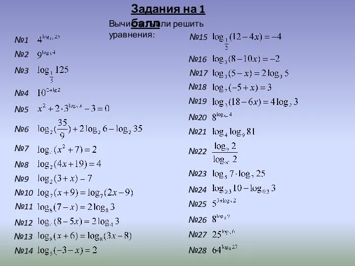 Задания на 1 балл Вычислить или решить уравнения: №1 №3