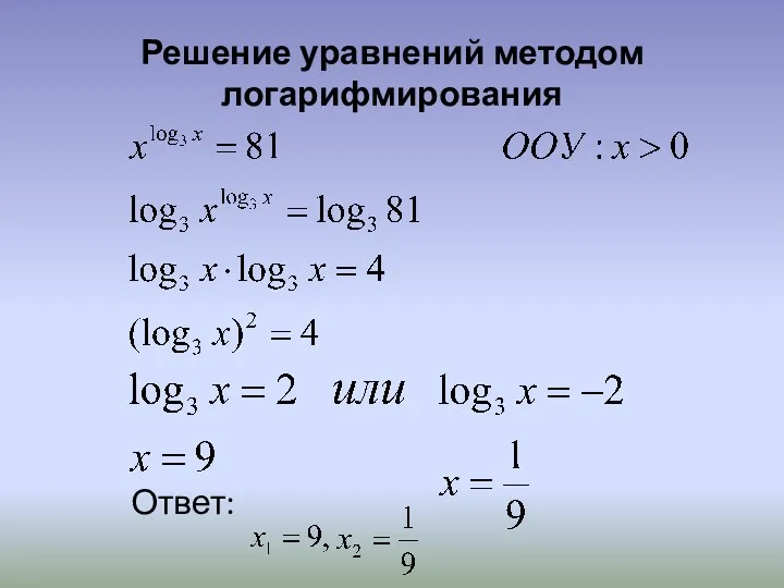 Решение уравнений методом логарифмирования Ответ: