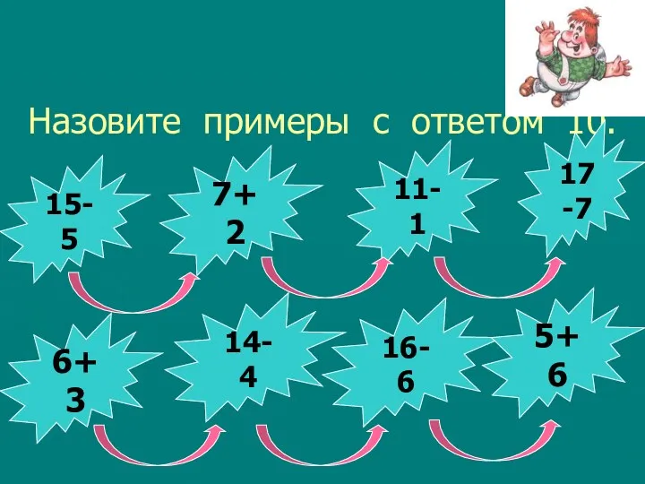 Назовите примеры с ответом 10. 15-5 17-7 16-6 11-1 6+3 7+2 5+6 14-4