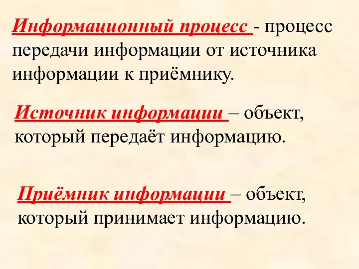 Информационный процесс - процесс передачи информации от источника информации к приёмнику. Источник информации