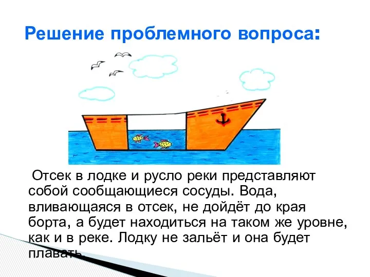 Решение проблемного вопроса: Отсек в лодке и русло реки представляют собой сообщающиеся сосуды.