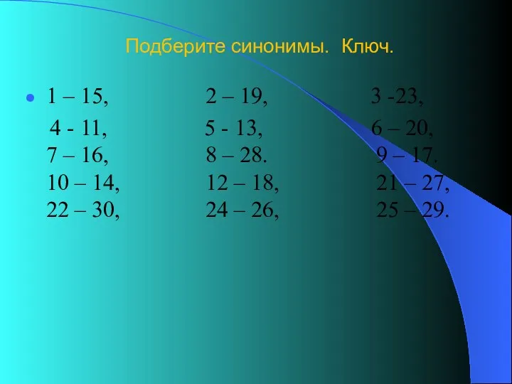 Подберите синонимы. Ключ. 1 – 15, 2 – 19, 3