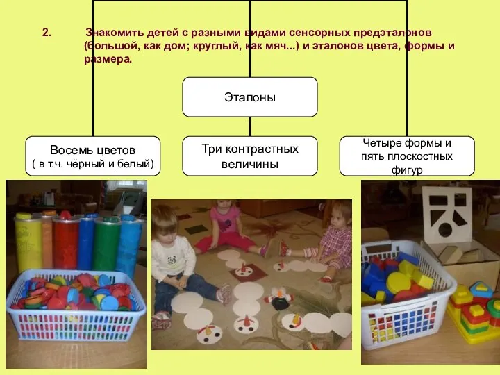 2. Знакомить детей с разными видами сенсорных предэталонов (большой, как