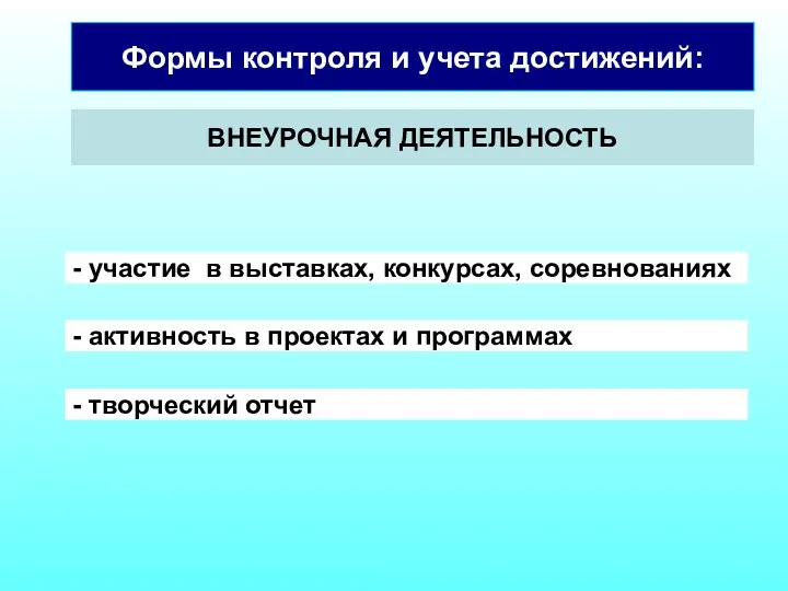 Формы контроля и учета достижений: ВНЕУРОЧНАЯ ДЕЯТЕЛЬНОСТЬ - участие в выставках, конкурсах, соревнованиях