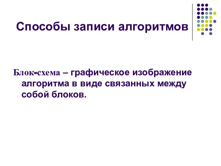 Способы записи алгоритмов Блок-схема – графическое изображение алгоритма в виде связанных между собой блоков.