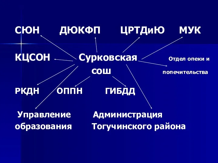 СЮН ДЮКФП ЦРТДиЮ МУК КЦСОН Сурковская Отдел опеки и сош попечительства РКДН ОППН