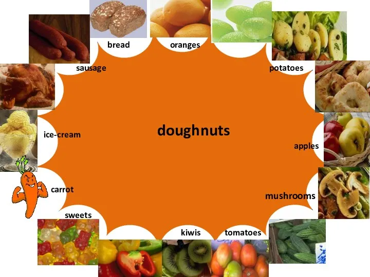Let’s play “Words and pictures” sausage mushrooms doughnuts oranges kiwis