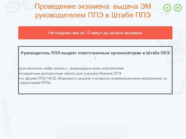 Проведение экзамена: выдача ЭМ руководителем ППЭ в Штабе ППЭ Не позднее чем за