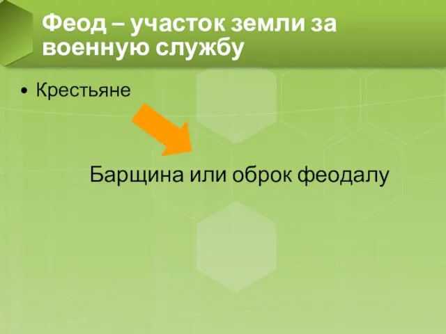 Крестьяне Барщина или оброк феодалу Феод – участок земли за военную службу