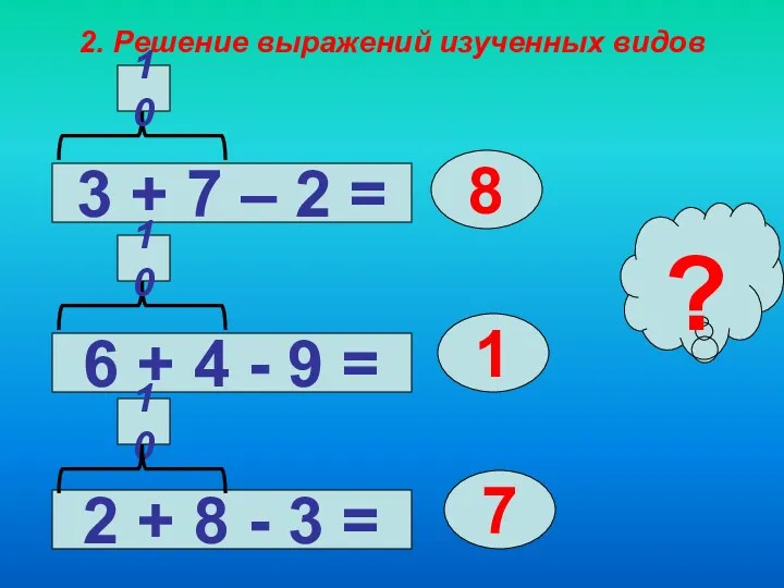 2. Решение выражений изученных видов 3 + 7 – 2