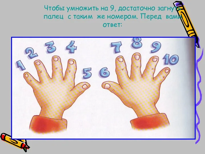 Чтобы умножить на 9, достаточно загнуть палец с таким же номером. Перед вами ответ: