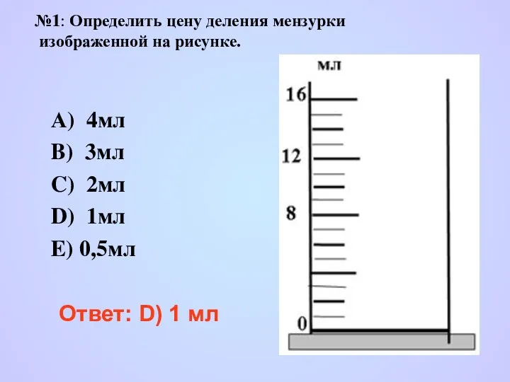 №1: Определить цену деления мензурки изображенной на рисунке. Ответ: D) 1 мл