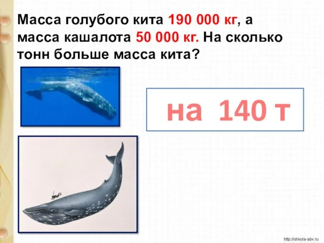 Масса голубого кита 190 000 кг, а масса кашалота 50 000 кг. На
