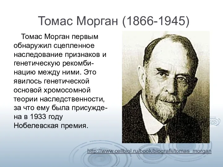 Томас Морган (1866-1945) Томас Морган первым обнаружил сцепленное наследование признаков