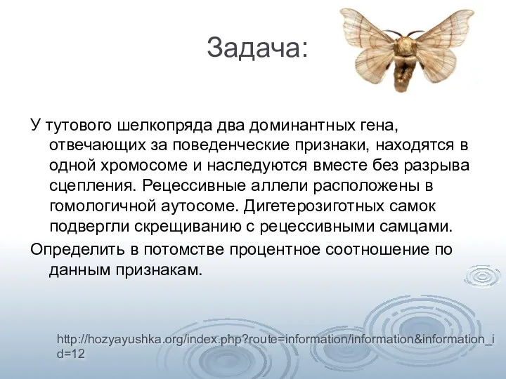 Задача: У тутового шелкопряда два доминантных гена, отвечающих за поведенческие