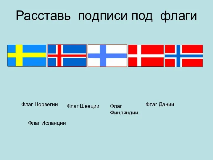 Расставь подписи под флаги Флаг Норвегии Флаг Швеции Флаг Финляндии Флаг Дании Флаг Исландии