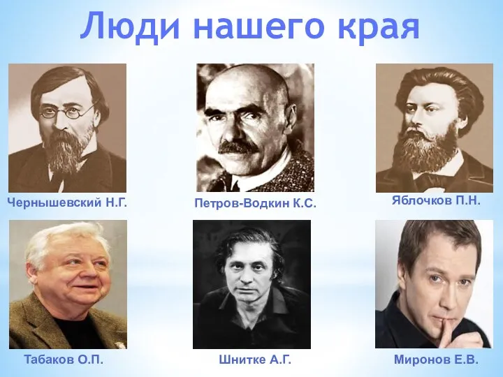 Люди нашего края Чернышевский Н.Г. Табаков О.П. Яблочков П.Н. Петров-Водкин К.С. Шнитке А.Г. Миронов Е.В.