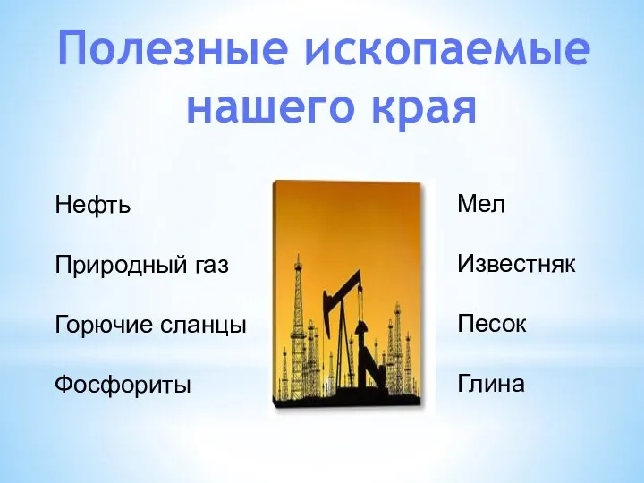 Полезные ископаемые нашего края Нефть Природный газ Горючие сланцы Фосфориты Мел Известняк Песок Глина