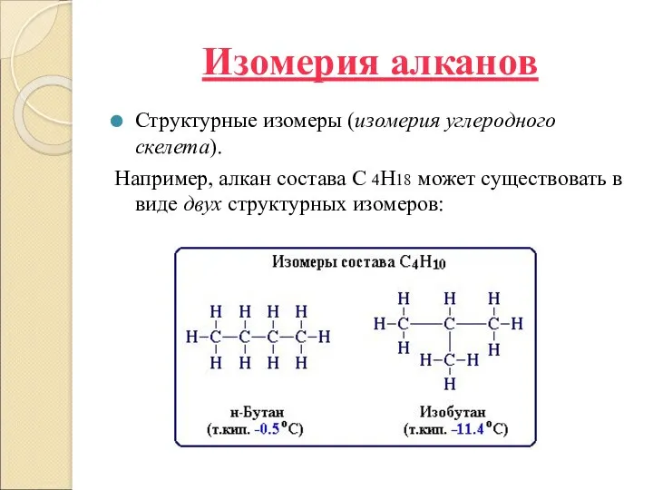 Изомерия алканов Структурные изомеры (изомерия углеродного скелета). Например, алкан состава C 4H18 может