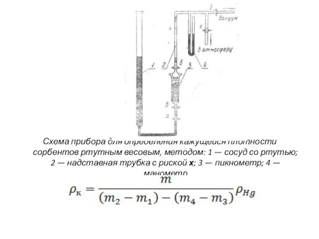 Схема прибора для определения кажущейся плотности сорбентов ртутным весовым, методом: 1 — сосуд