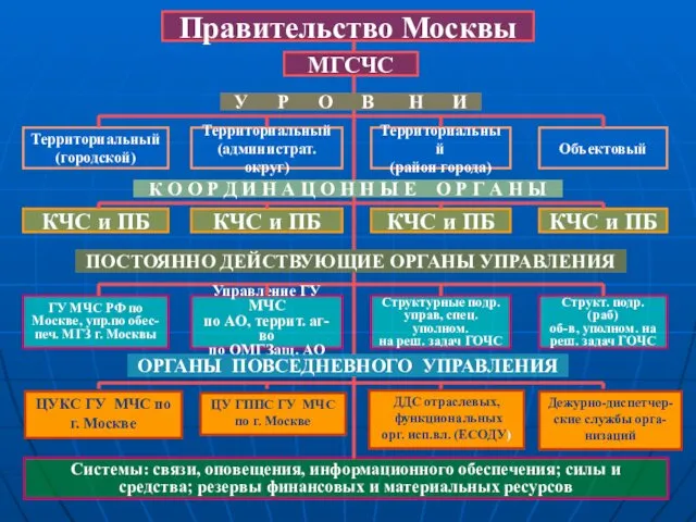Правительство Москвы МГСЧС Территориальный (городской) Территориальный (администрат. округ) Территориальный (район