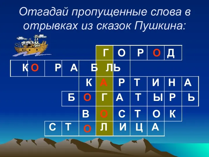 Отгадай пропущенные слова в отрывках из сказок Пушкина: Г О