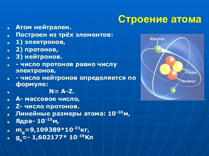 Строение атома Атом нейтрален. Построен из трёх элементов: 1) электронов,