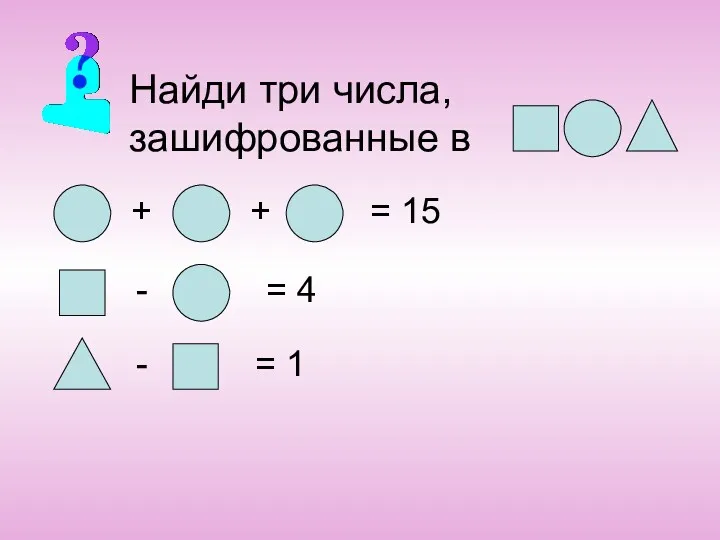 Найди три числа, зашифрованные в + + = 15 - = 4 - = 1