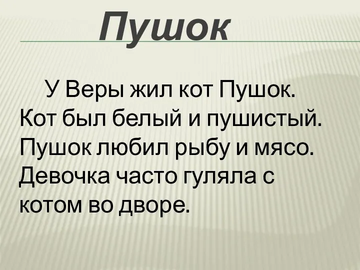 У Веры жил кот Пушок. Кот был белый и пушистый.