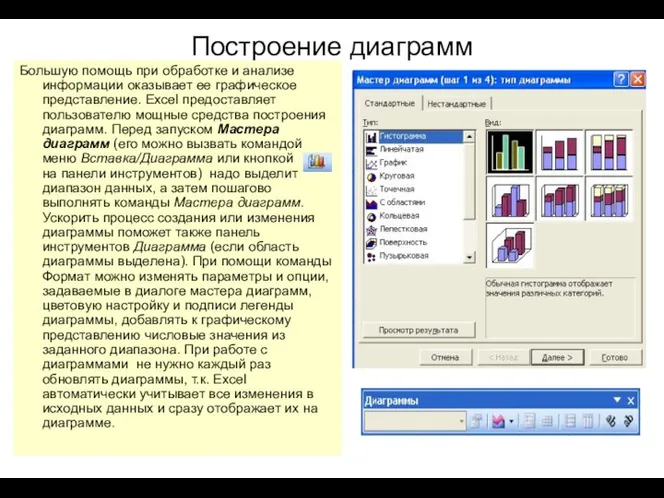 Построение диаграмм Большую помощь при обработке и анализе информации оказывает