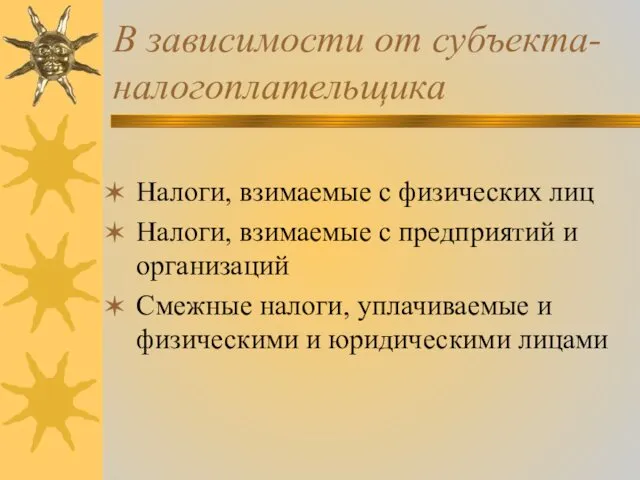 В зависимости от субъекта-налогоплательщика Налоги, взимаемые с физических лиц Налоги,