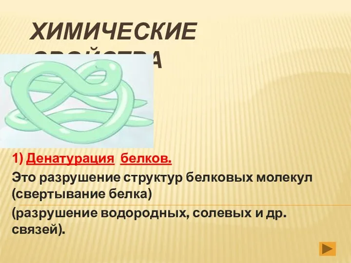 ХИМИЧЕСКИЕ СВОЙСТВА 1) Денатурация белков. Это разрушение структур белковых молекул